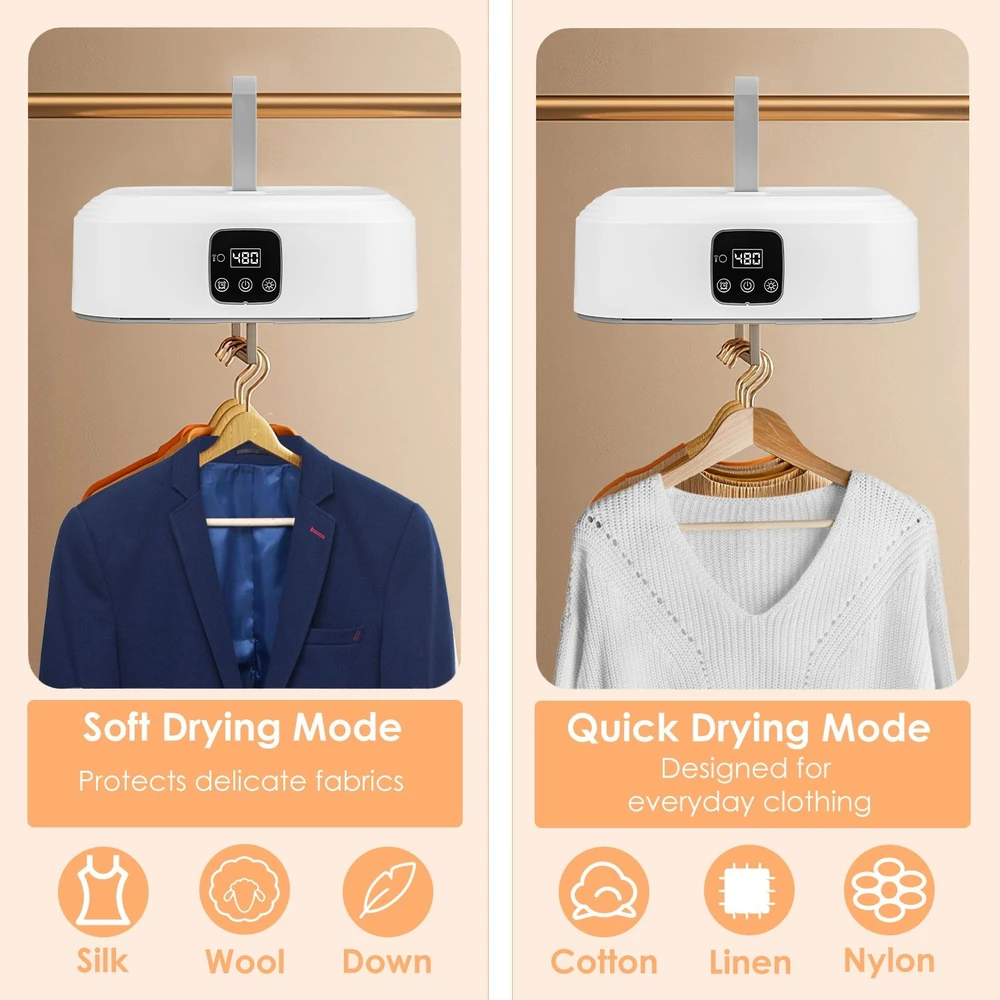 Image of a dual-mode dryer featuring a soft drying mode for delicate fabrics like silk and wool, alongside a quick drying mode suitable for everyday clothing such as cotton, linen, and nylon, displayed with garments on hangers.