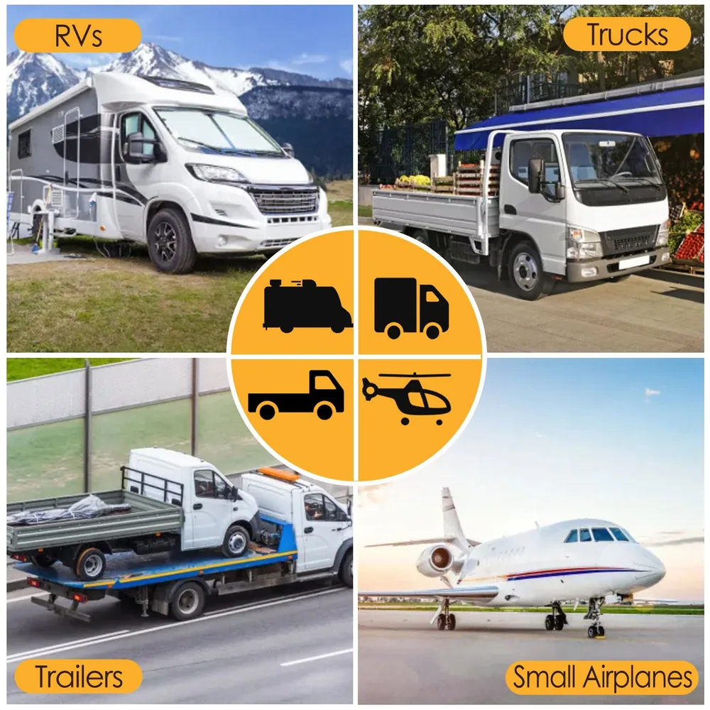 Image featuring four categories of vehicles: top left shows an RV parked in a scenic mountainous area, top right displays a white truck parked by a market, bottom left depicts a pickup truck towing a flatbed trailer, and bottom right presents a small airplane on a runway, labeled "RVs," "Trucks," "Tra