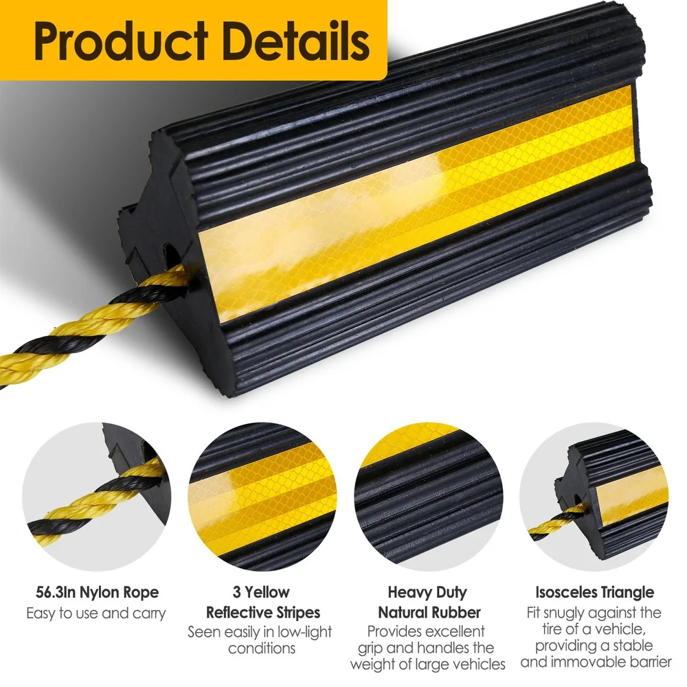 Heavy-duty black and yellow rubber vehicle barrier with reflective stripes and nylon rope, designed for stability and visibility in low-light conditions.