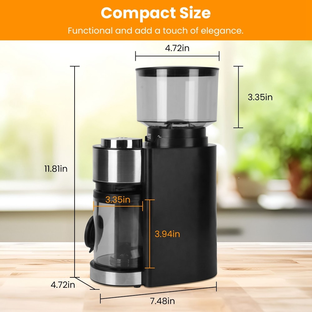 Compact coffee grinder with a sleek black design, measuring 4.72 inches wide, 11.81 inches tall, and 7.48 inches deep, showcasing its elegance and functionality in a modern kitchen setting.