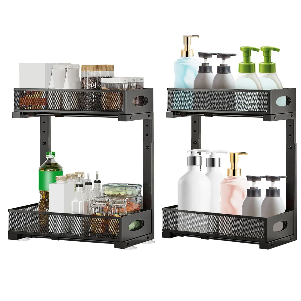 Black multi-tiered storage shelves displaying various containers, bottles, and jars for organization in kitchen or bathroom.
