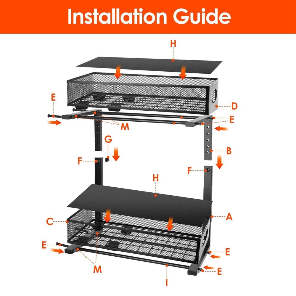 Installation guide for a two-tier metal shelving unit, featuring labeled parts, diagrammatic arrows, and detailed instructions for assembly.