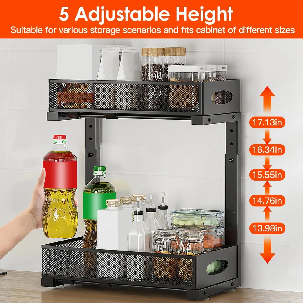 Adjustable height kitchen storage rack in black featuring two mesh shelves with bottles and jars for organizing pantry items, demonstrating adjustable heights from 13.98 inches to 17.13 inches.