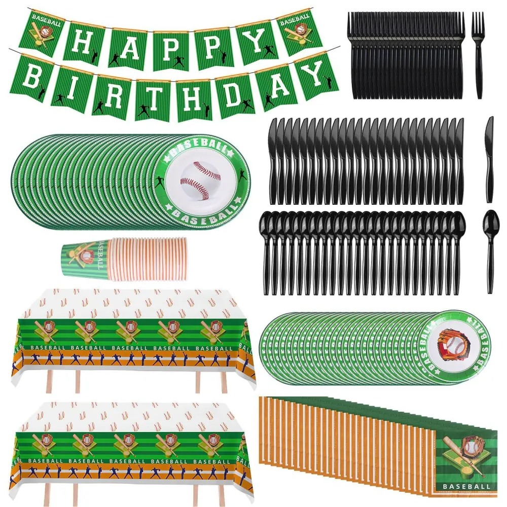 Baseball-themed birthday party supply kit featuring a "Happy Birthday" banner, paper plates with baseball designs, utensils, cups, and table covers for celebrating a baseball enthusiast's special day.
