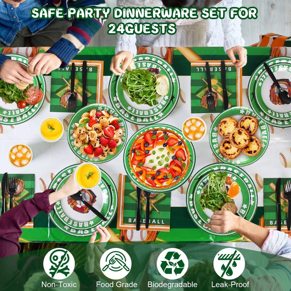 Image of a vibrant party dinnerware set designed for 24 guests, featuring baseball-themed plates filled with various healthy foods, drinks, and a colorful table spread, showcasing non-toxic, food-grade, biodegradable, and leak-proof materials.