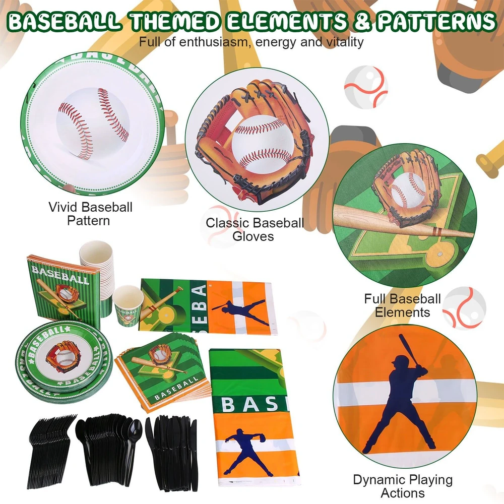 Colorful baseball-themed party supplies featuring plates, cups, napkins, and utensils, showcasing vivid baseball graphics and classic elements like gloves and bats.