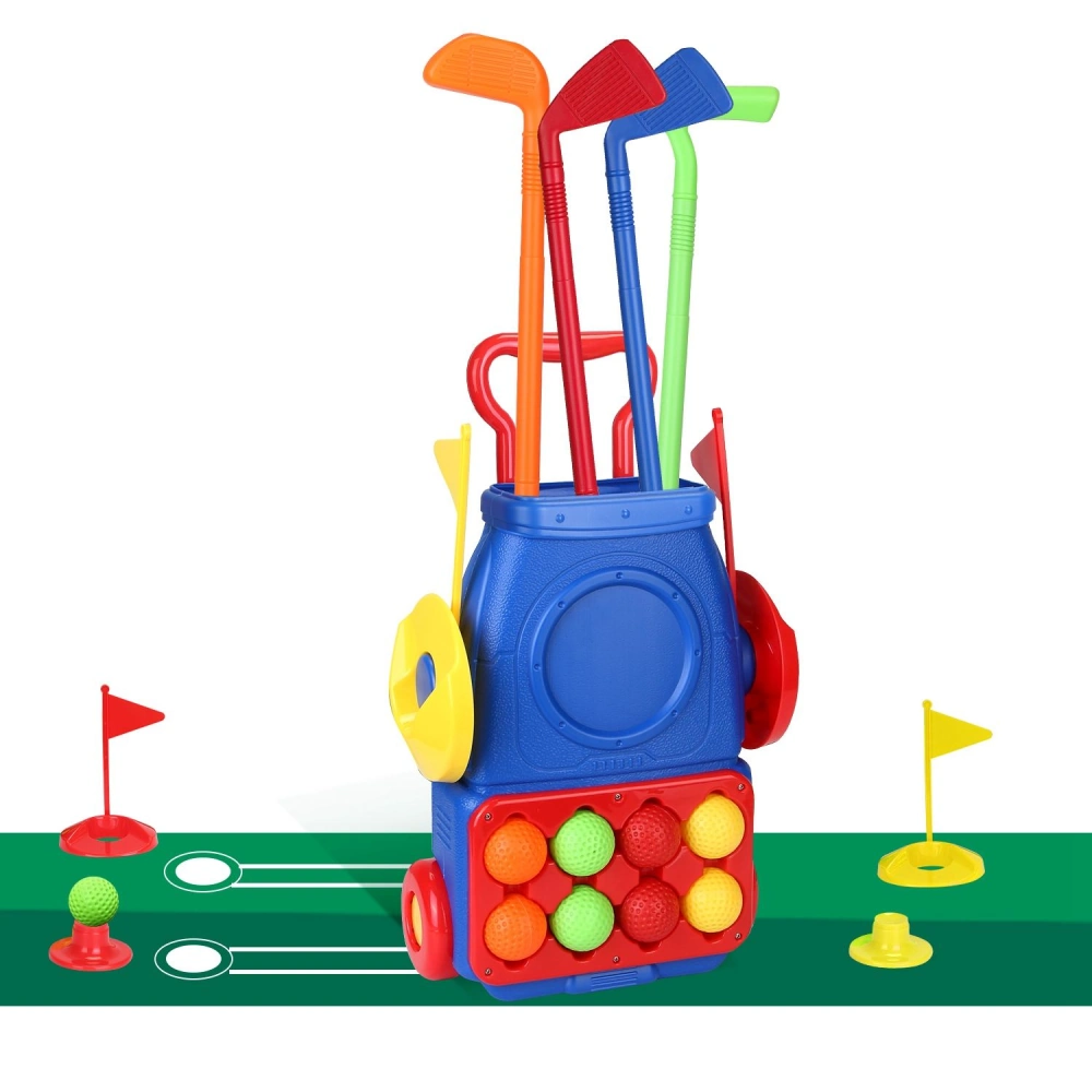 Colorful kids' golf set featuring a blue wheeled cart with four clubs in red, orange, green, and yellow, multiple golf balls in bright colors, and small flags, perfect for imaginative play and developing motor skills.