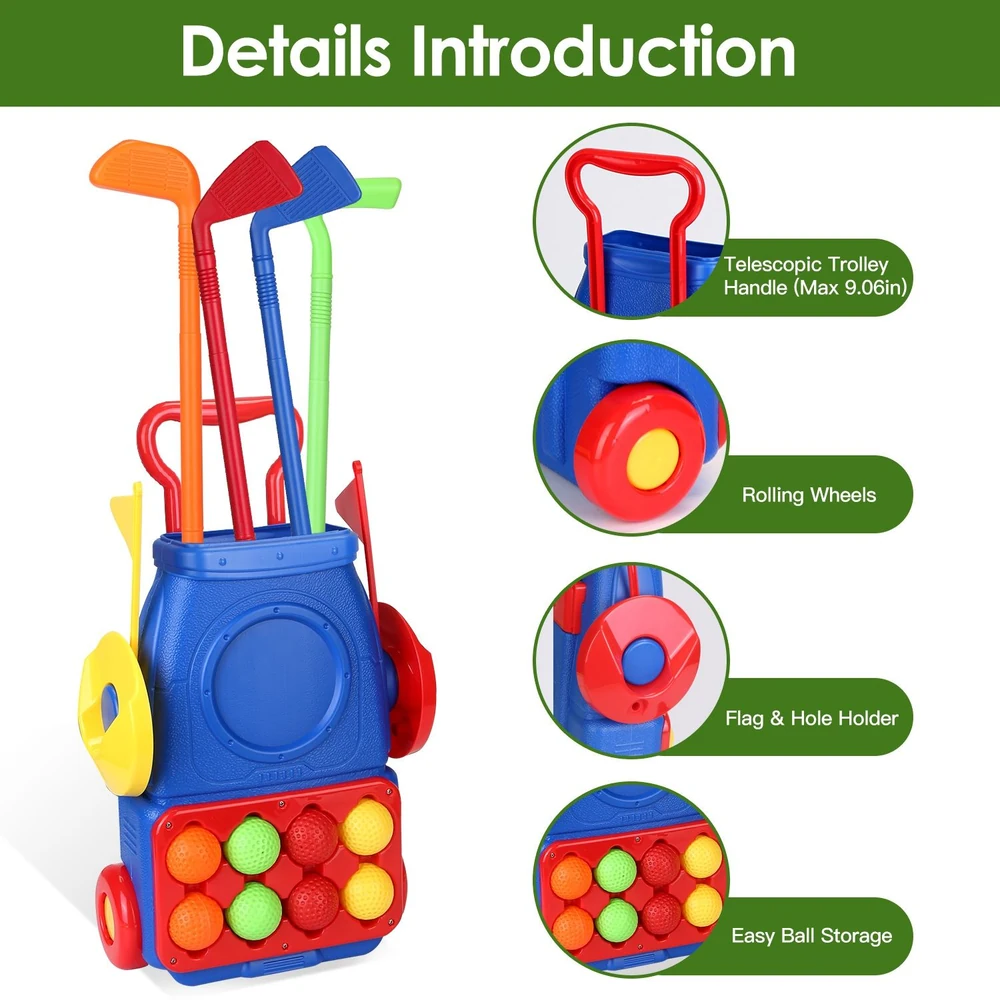 Colorful kids' golf set featuring a blue wheeled cart with a telescopic handle, multiple toy clubs in red, orange, green, and blue, and a storage area for balls, designed to inspire outdoor play and motor skill development.