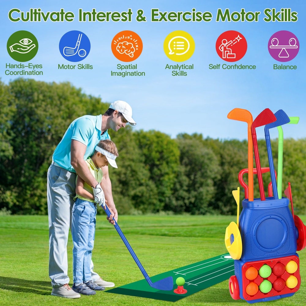 Child learning to play golf with an adult, featuring colorful golf clubs and balls on a practice mat in a bright outdoor setting, promoting motor skills and coordination.