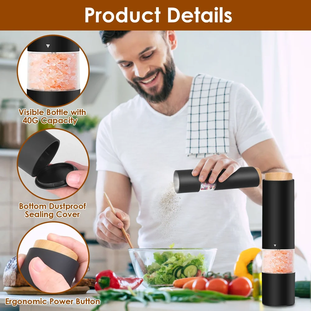 Electric salt and pepper grinder being used by a man in a kitchen to season a fresh salad, featuring a visible 40g capacity bottle, dustproof sealing cover, and ergonomic power button.