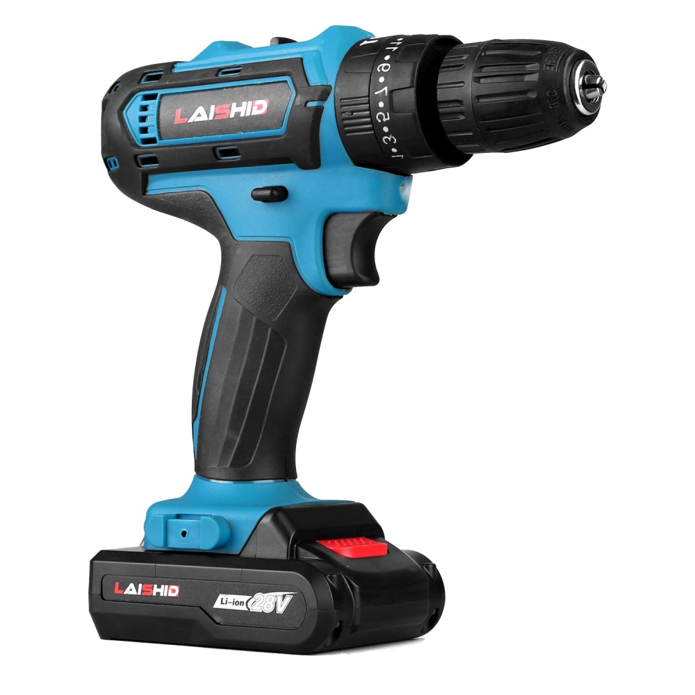 Cordless 28V LAISHID power drill with ergonomic grip and adjustable speed settings, ideal for DIY projects and professional use.