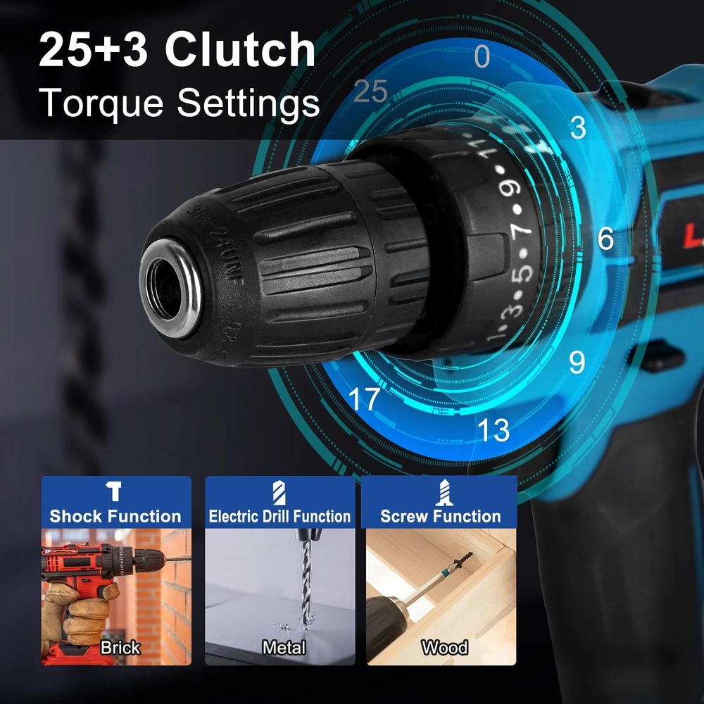 Close-up of a cordless drill showing the 25+3 clutch torque settings, with icons representing functions for brick, metal, and wood applications.
