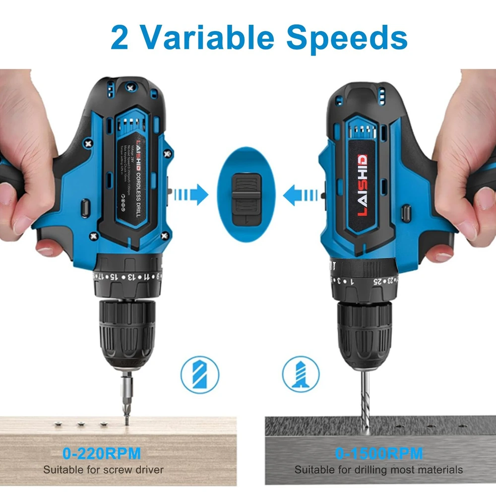 Cordless drill with variable speed settings (0-220 RPM for screwing and 0-1500 RPM for drilling), featuring ergonomic design and dual-speed control, ideal for various materials.