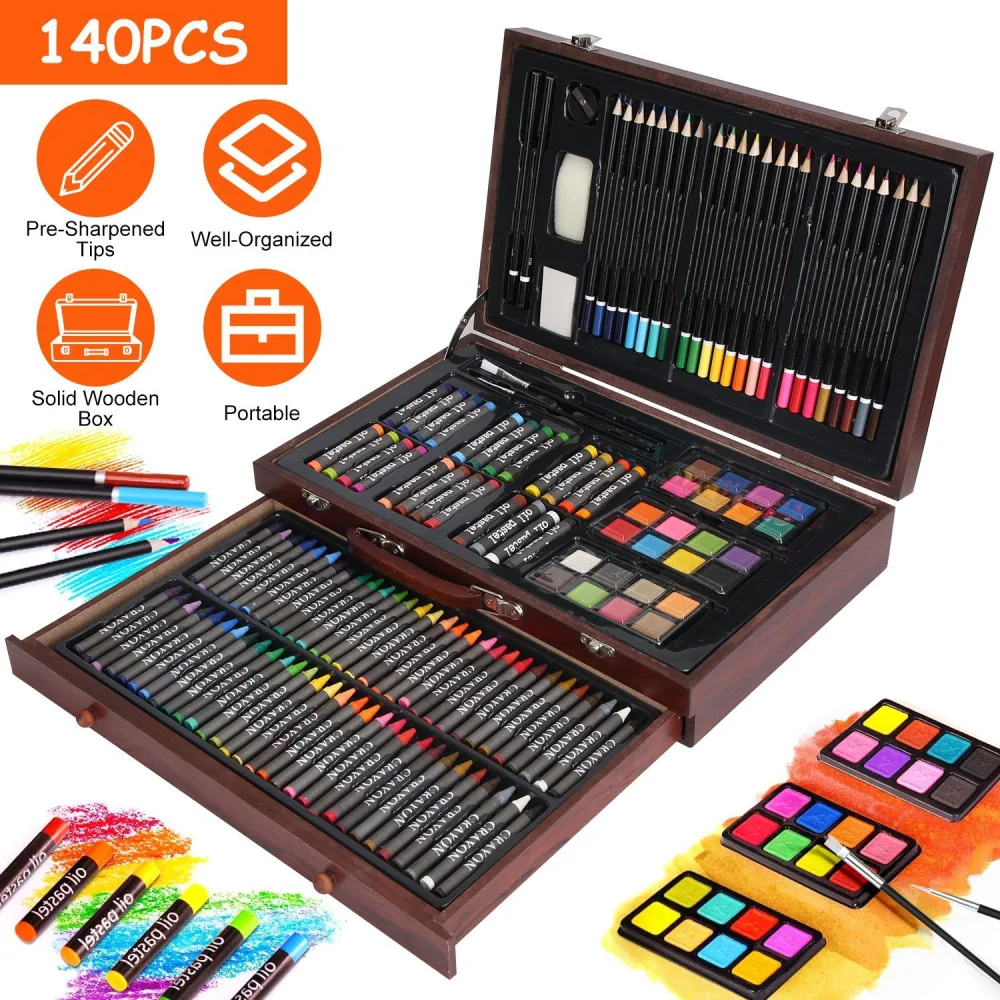 140-piece art supplies set in a solid wooden box featuring pre-sharpened colored pencils, markers, and watercolor paints, perfectly organized for artists of all levels.