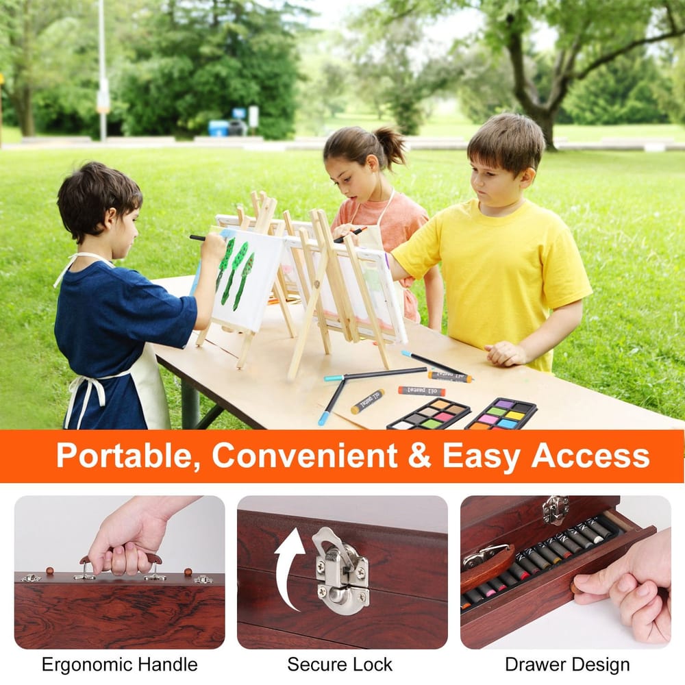 Children enjoying an outdoor art class with easels and drawing supplies, showcasing a portable art kit featuring an ergonomic handle, secure lock, and drawer design for convenient access.