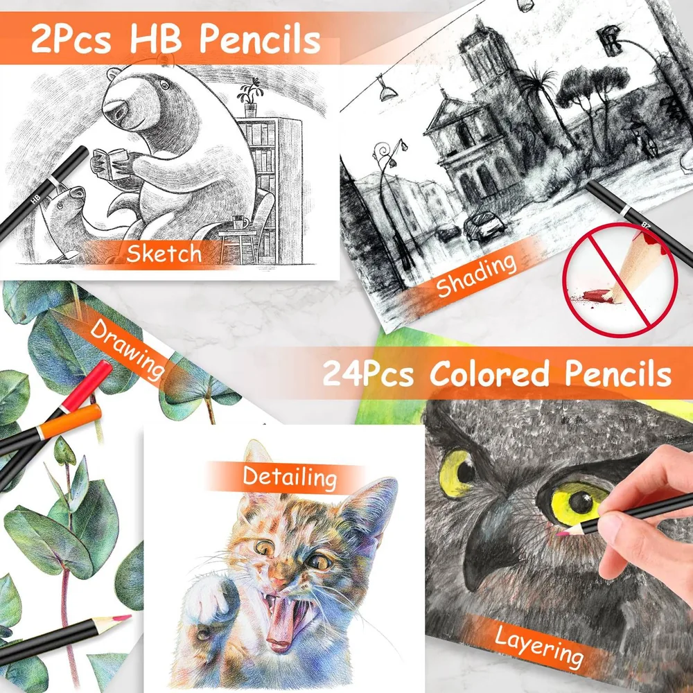 Art supplies collage featuring 2 HB pencils for sketching and shading, plus a set of 24 colored pencils for drawing and detailing, showcasing vibrant artwork and creative techniques.