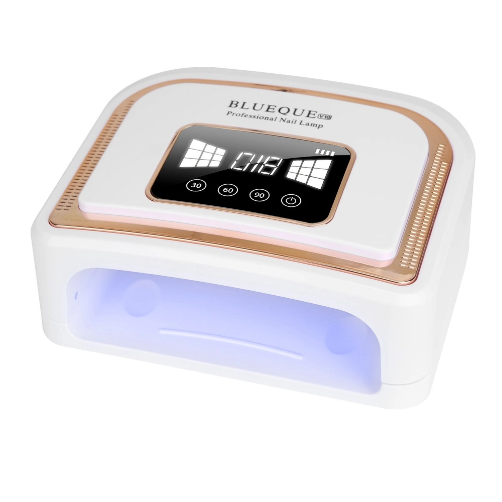 Professional LED nail lamp with digital display and timers for curing gel nails, featuring a sleek white and rose gold design.