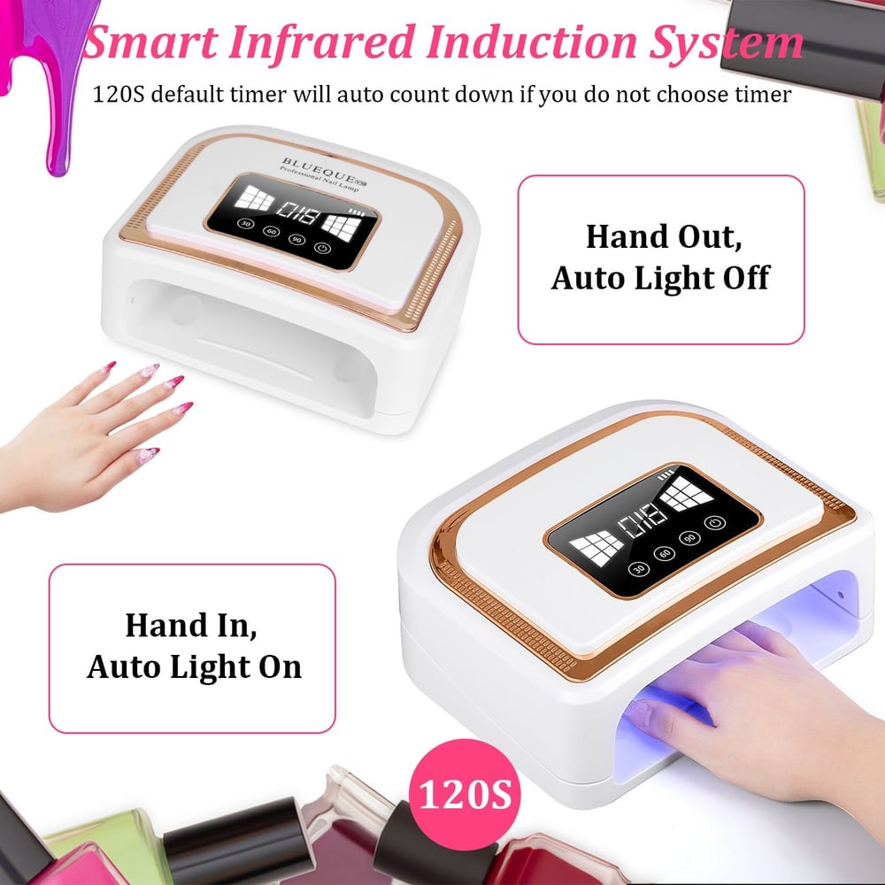 Smart infrared nail lamp with 120-second timer, auto light features, and a sleek design for efficient gel nail curing.