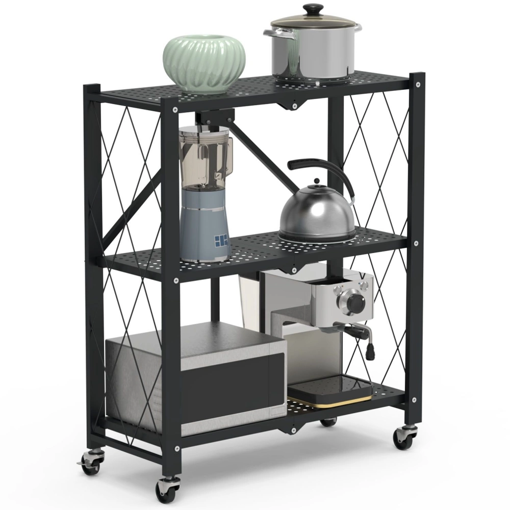 Three-tiered black kitchen cart with wheels, featuring a blender, kettle, pot, microwave, and coffee machine displayed on its shelves, ideal for organizing kitchen essentials.