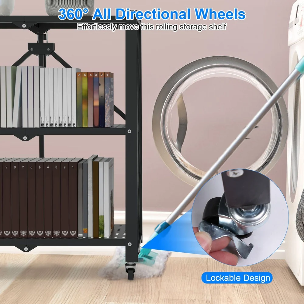 Rolling storage shelf with 360-degree all-directional wheels, showcasing a lockable design for stability, ideal for easy mobility and access; features neatly arranged books on shelves.
