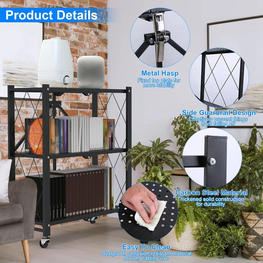 Black metal storage cart with two shelves holding books, a speaker, and a humidifier; features include a metal hasp for stability, side guardrails, and easy-clean design against a brick wall backdrop.