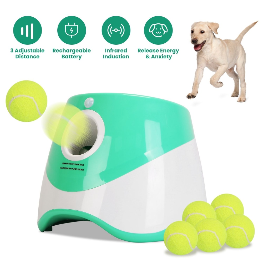 Automatic tennis ball launcher for dogs with a turquoise and white design, featuring infrared induction, three adjustable launch distances, and a rechargeable battery, designed to help reduce anxiety and promote exercise for pets.