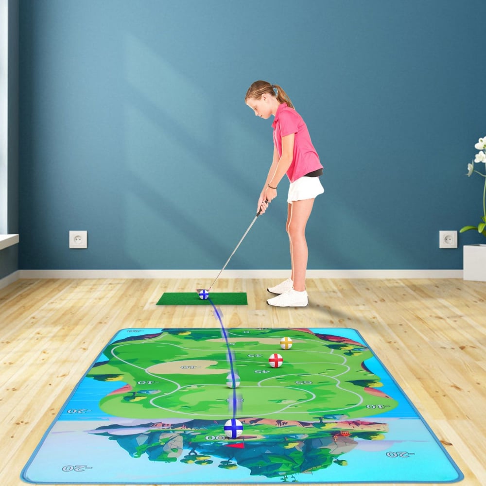 Golf practice mat featuring a colorful outdoor course design, with a child practicing their swing using a putter on a green felt patch indoors.