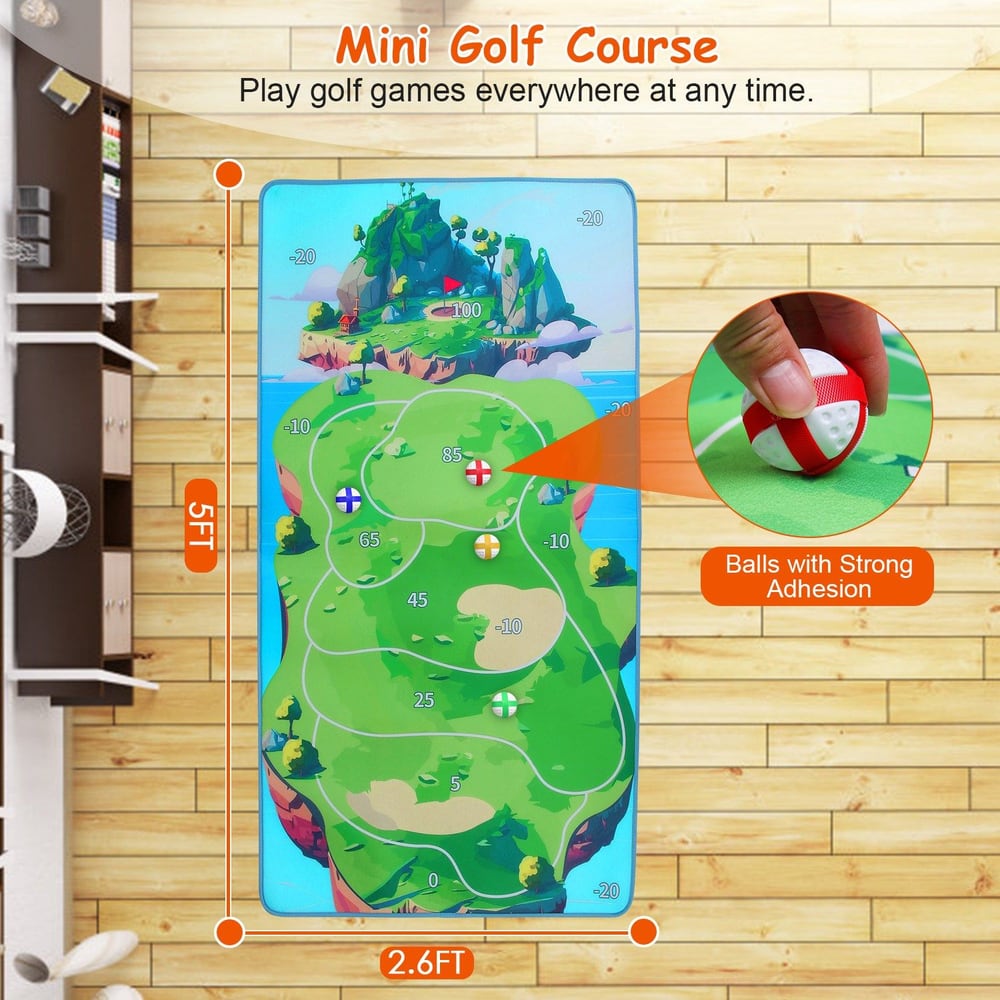 Mini golf course play mat featuring colorful design and scoring zones, measuring 5ft x 2.6ft, with a close-up of balls designed for strong adhesion, ideal for indoor golf games.