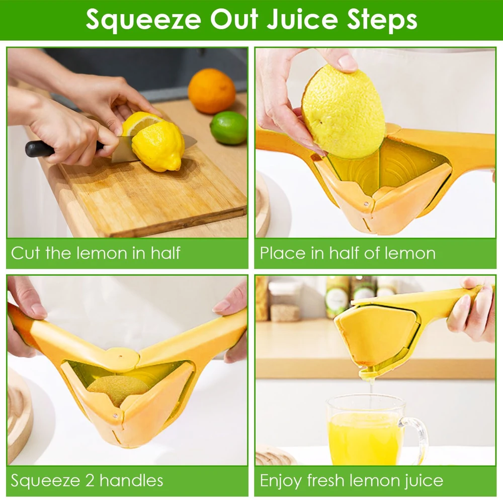 Step-by-step guide for using a lemon squeezer: halving the lemon, placing it in the squeezer, squeezing the handles, and pouring fresh lemon juice into a glass.