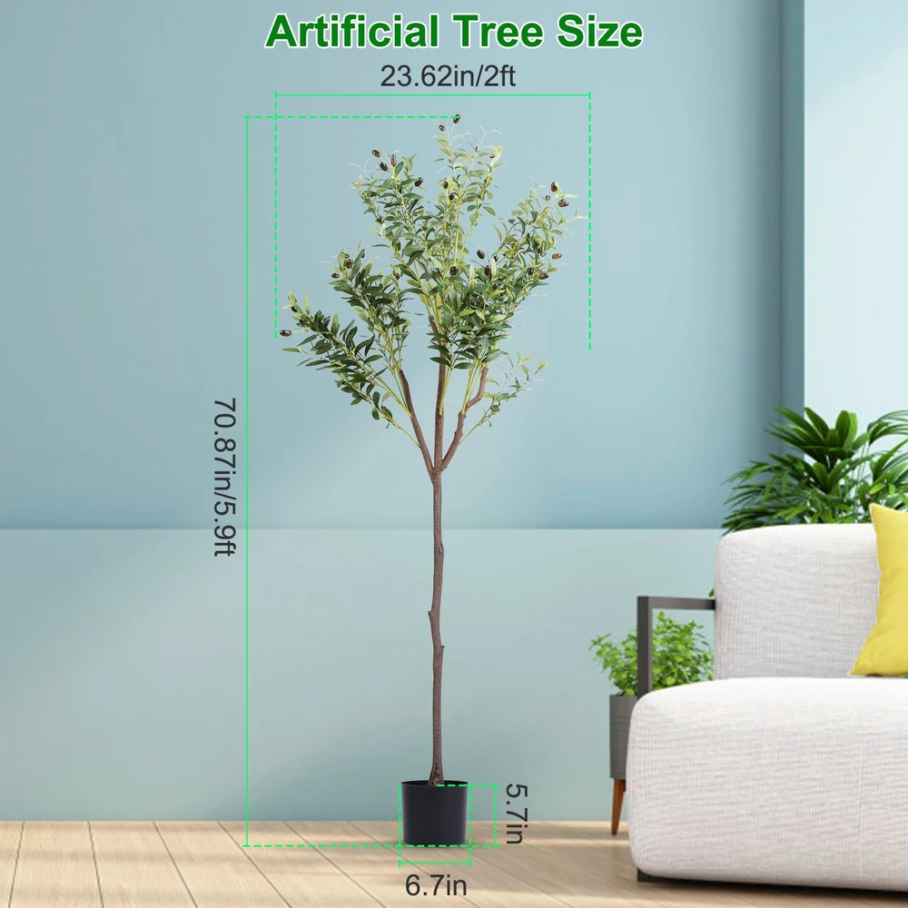 Two-foot artificial tree in a black pot, measuring 70.87 inches tall, displayed in a modern living room setting with pastel walls and a couch, showcasing its size and decorative appeal.