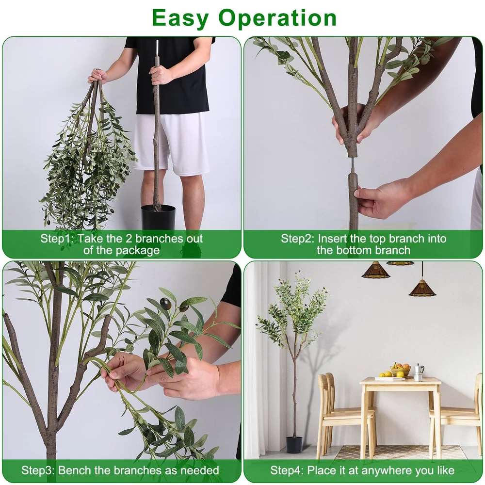 Instructions for assembling a faux green tree: Step 1 shows a person removing two branches from the package; Step 2 depicts inserting the top branch into the bottom branch; Step 3 illustrates bending the branches as desired; Step 4 highlights the finished tree placed in a home setting near a dining table.