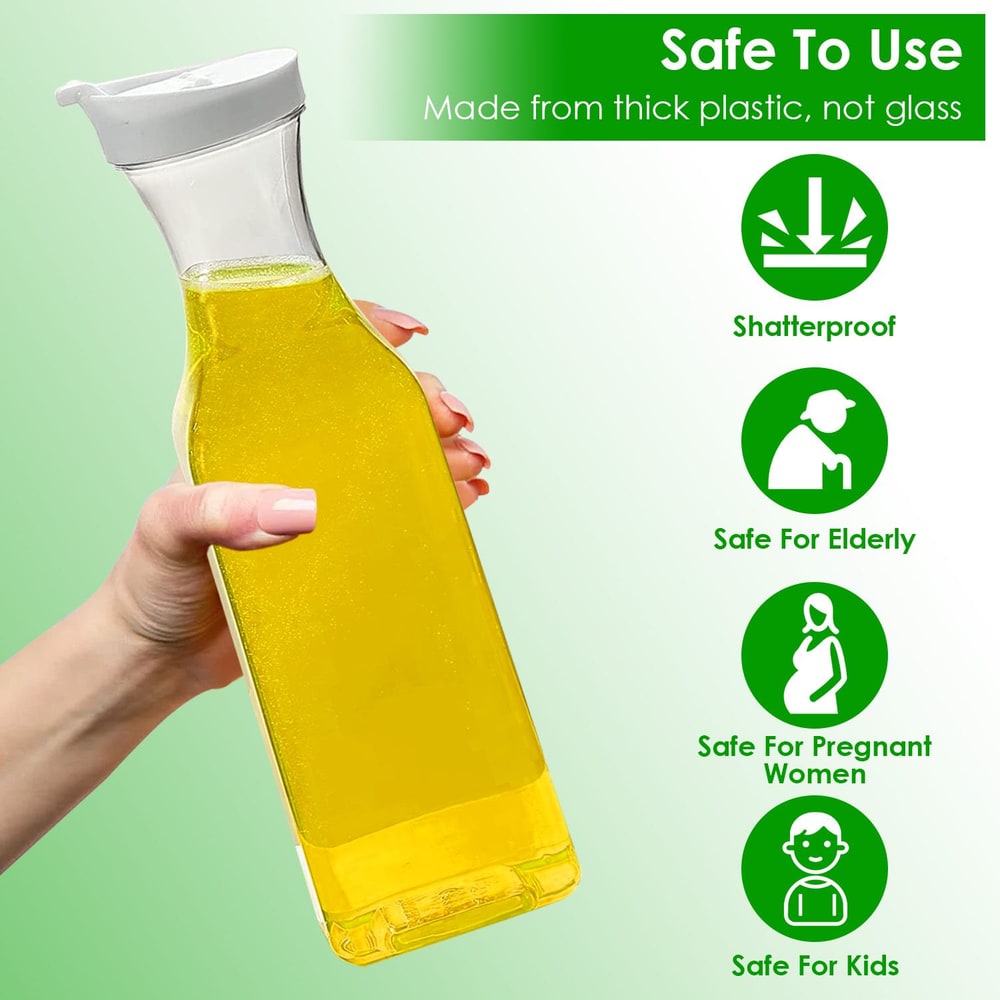 A person holding a shatterproof yellow plastic bottle designed for safe use by elderly, pregnant women, and kids, emphasizing its non-glass material.