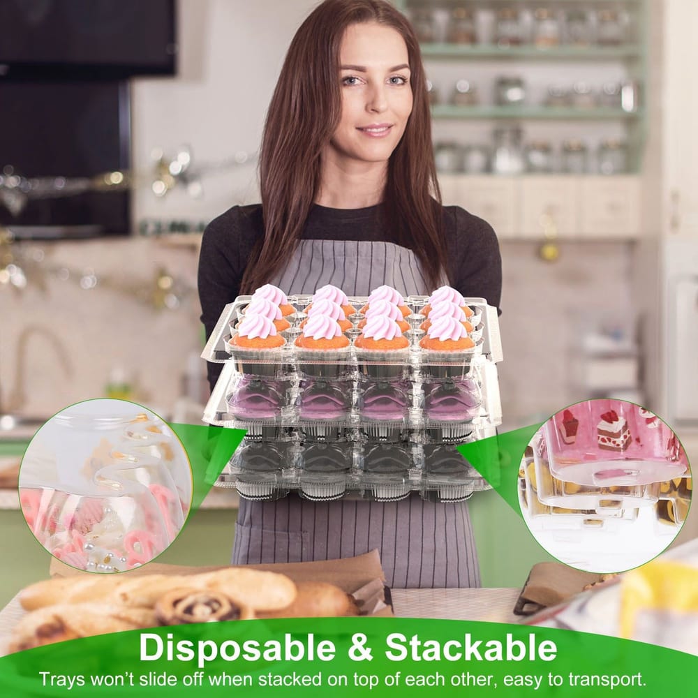 Woman holding a stackable and disposable cupcake tray filled with colorful cupcakes in a kitchen setting, showcasing easy transport and organization.
