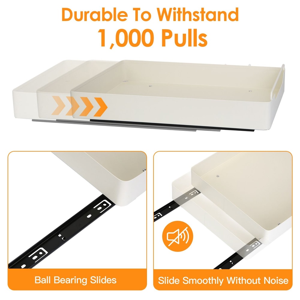 Close-up image of a durable pull-out drawer system with ball bearing slides, showcasing its smooth operation and ability to withstand 1,000 pulls, ideal for efficient organization.
