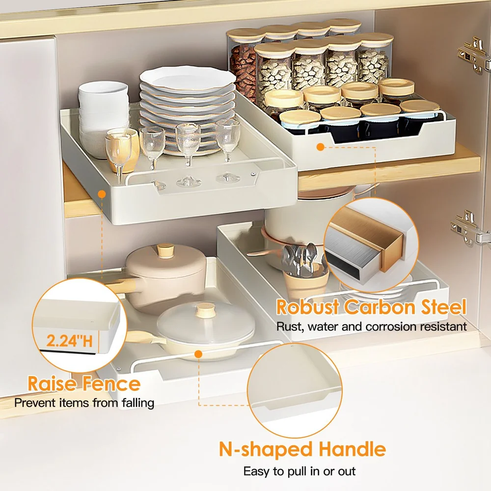 Storage organizer featuring robust carbon steel construction, compartments for plates, glasses, and jars, and N-shaped handles for easy access, designed to prevent items from falling with raised fencing.