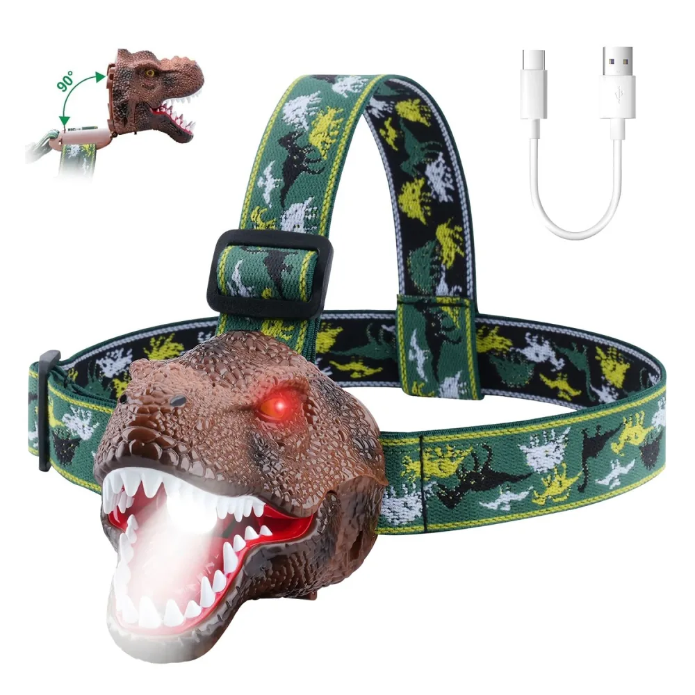 Dinosaur-themed headlamp with T-Rex design, featuring glowing red eyes and a camo-pattern adjustable strap, accompanied by a USB charging cable.