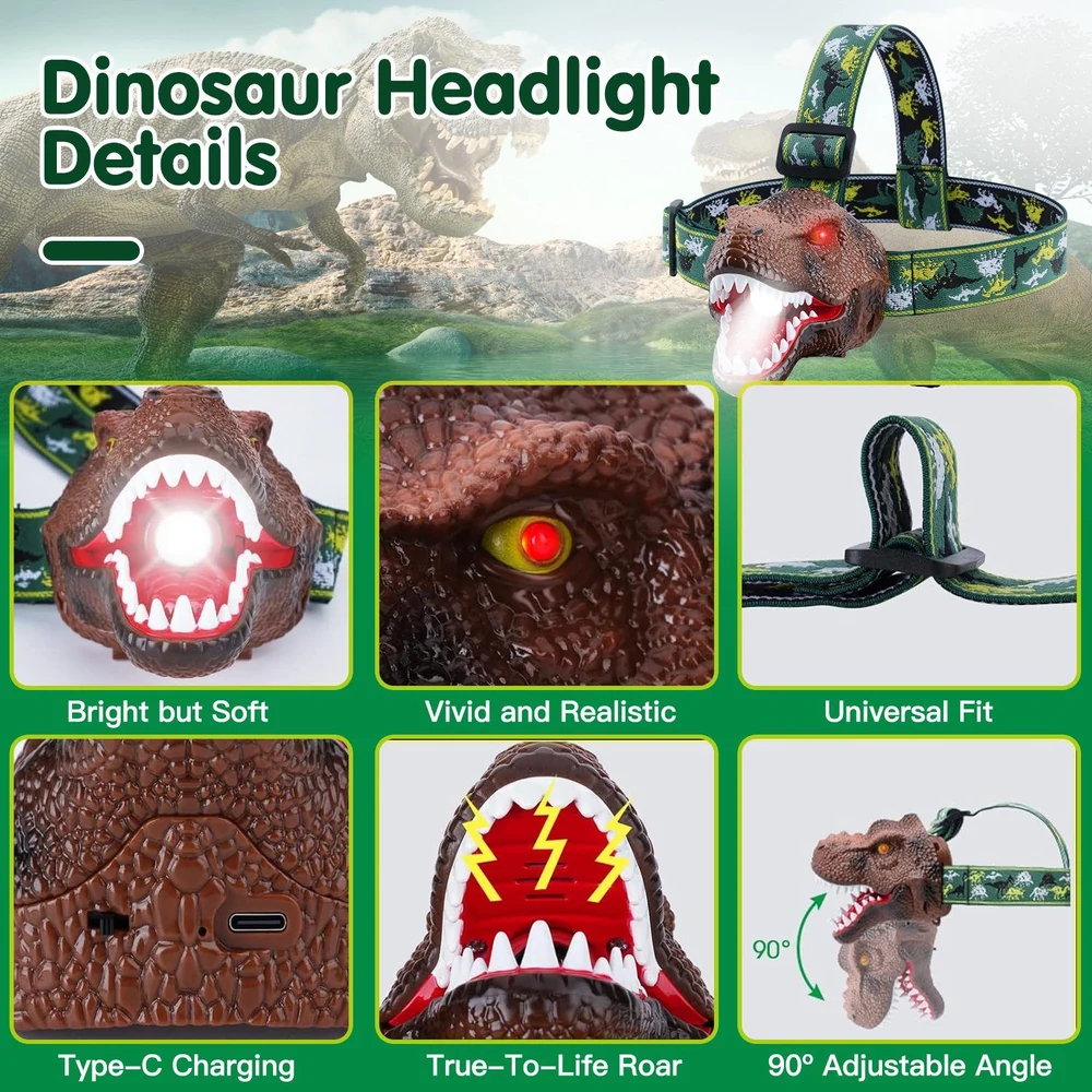 Dinosaur headlight featuring realistic T-Rex design, soft LED light, Type-C charging, adjustable angle, and vibrant colors for kids' fun and adventure.