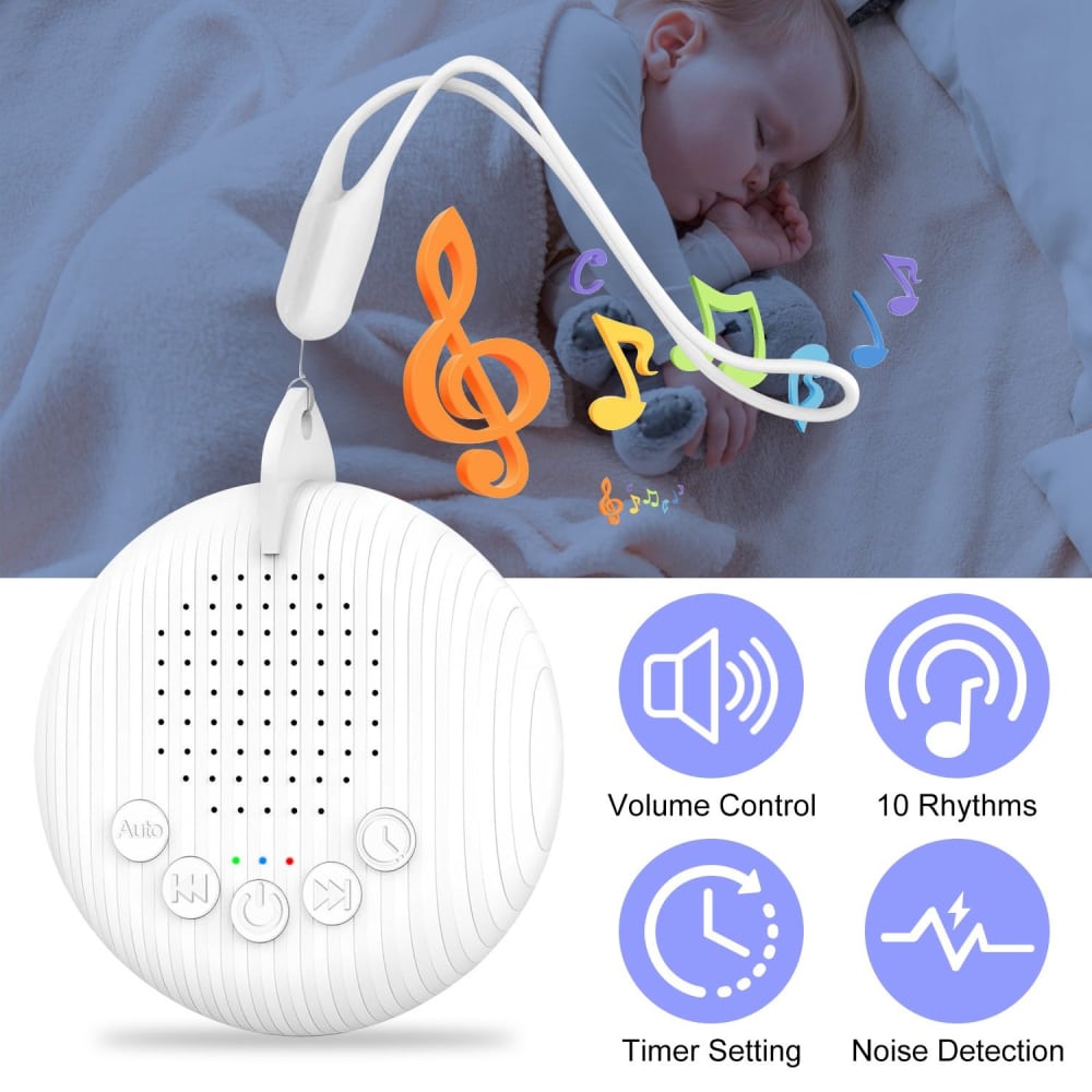 White sound machine with volume control and timer settings, featuring 10 relaxing rhythms, designed for soothing sleep in infants, accompanied by music notes and a cozy sleeping baby in the background.