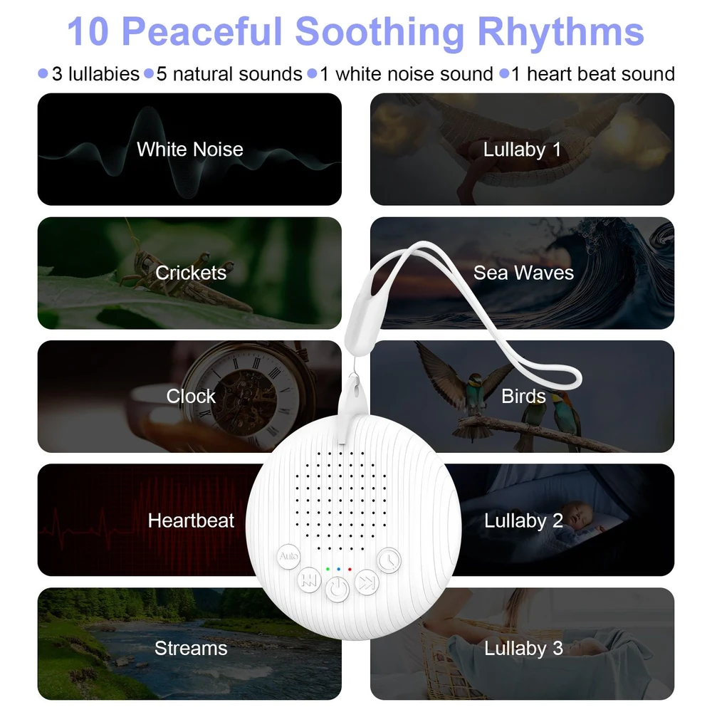 Sound machine featuring 10 soothing sounds, including 3 lullabies and 5 nature sounds, designed for relaxation and better sleep.