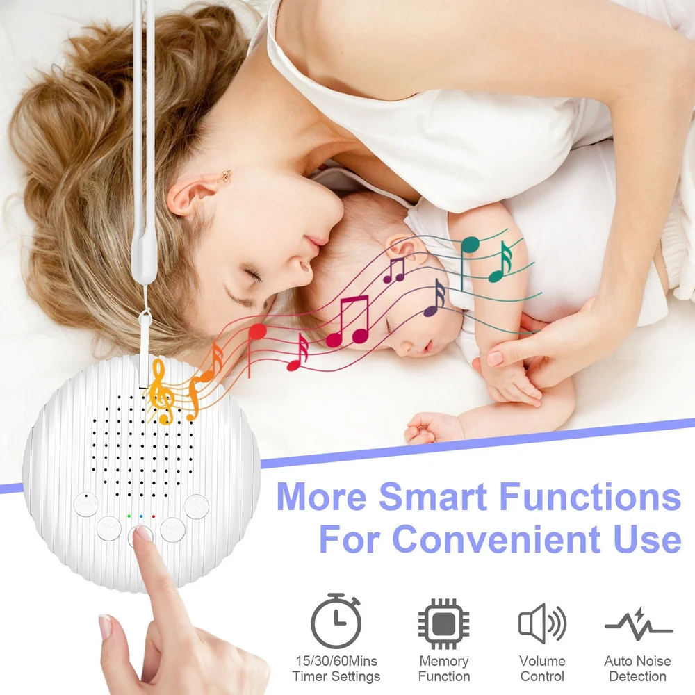 Mother and baby sleeping peacefully together with a smart sound machine featuring music notes, 15/30/60-minute timer, memory function, volume control, and auto noise detection for enhanced convenience.