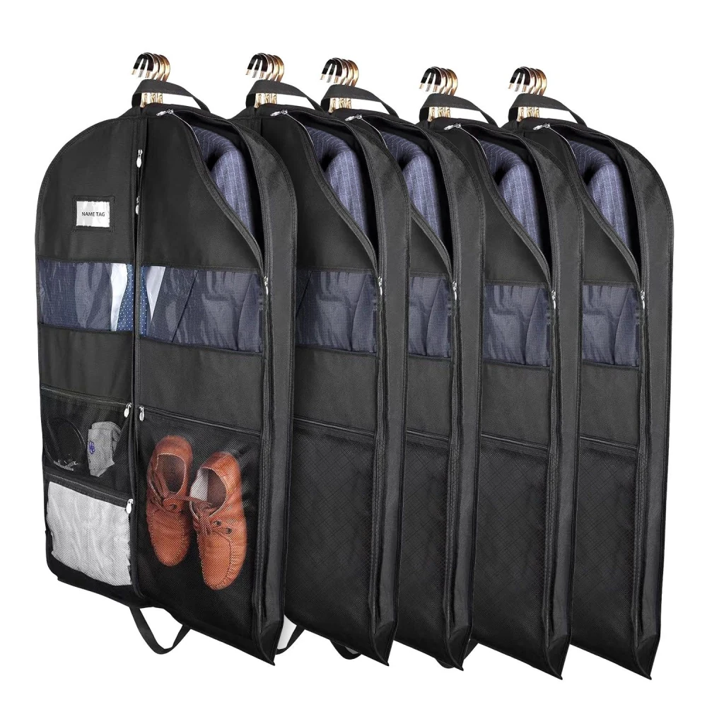 Black garment bag with multiple compartments for suits, ties, and shoes, featuring transparent pockets for visibility and organization.