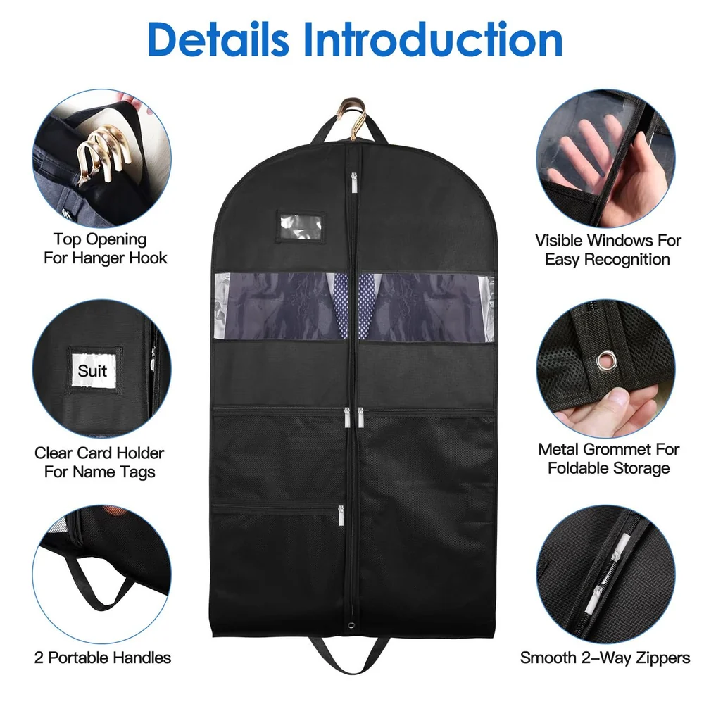 Black garment bag featuring a top opening for hanger hooks, visible windows for easy identification, a clear card holder for name tags, dual portable handles, and smooth 2-way zippers. Perfect for storing suits and formal wear.