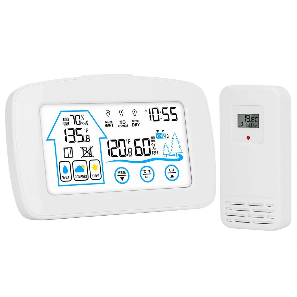 Digital temperature and humidity monitor with large display, showing current readings and icons for wet, dry, and comfort zones, accompanied by a remote sensor.