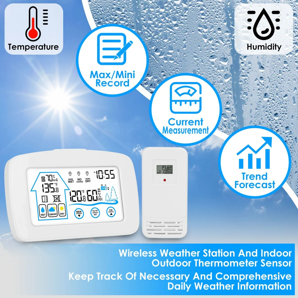 Wireless weather station with indoor/outdoor thermometer sensor displaying temperature and humidity readings, featuring max/min records and trend forecast information.