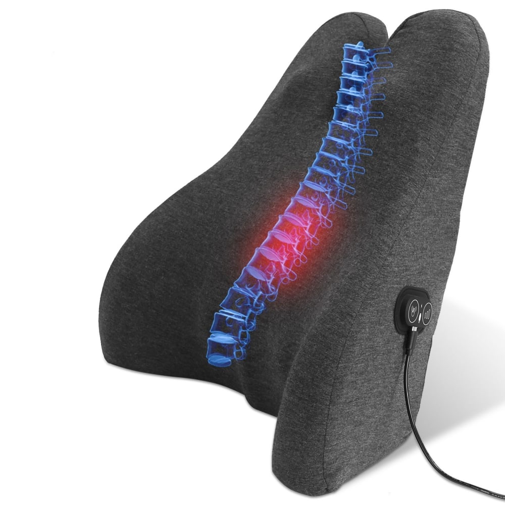 Comfortable ergonomic lumbar support pillow with heat and massage features, designed for spine alignment, shown in dark gray fabric with visible control panel and glowing spine illustration.