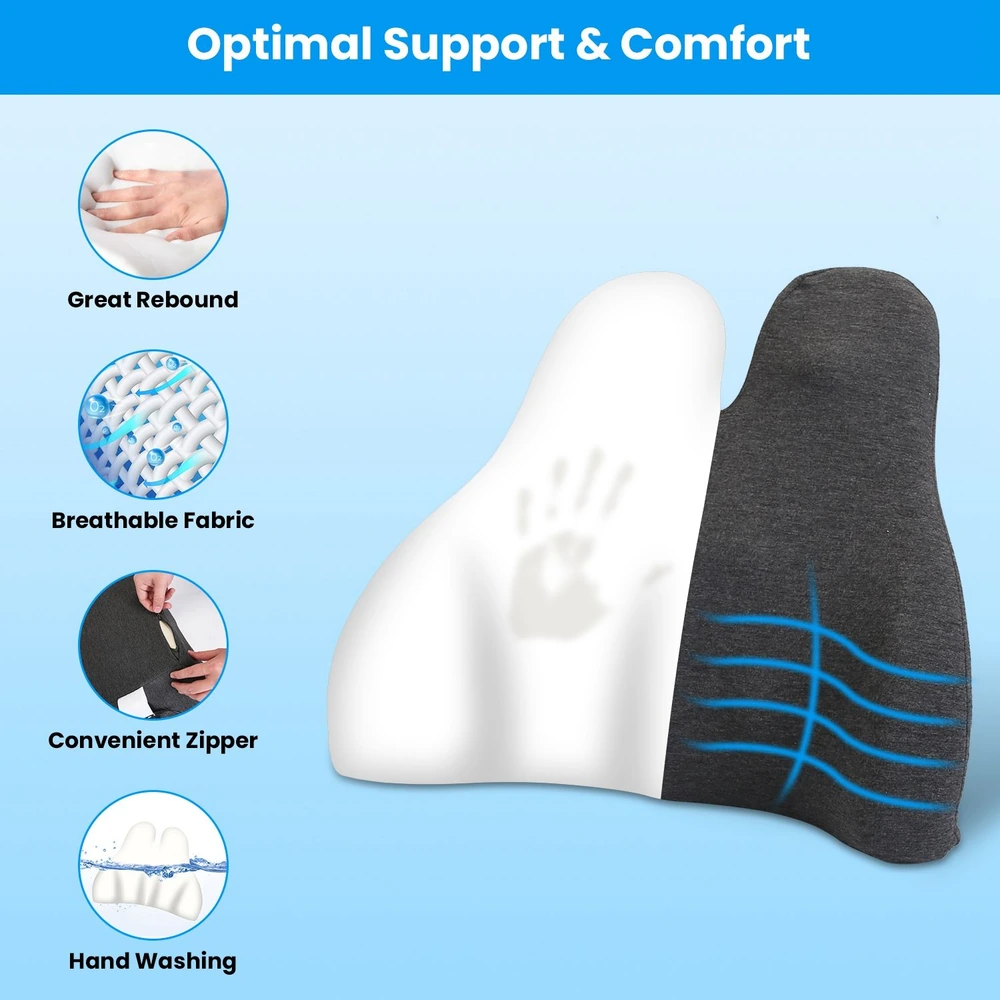 Comfortable ergonomic pillow demonstrating great rebound, breathable fabric, convenient zipper, and hand-washable features, set against a soft blue background.