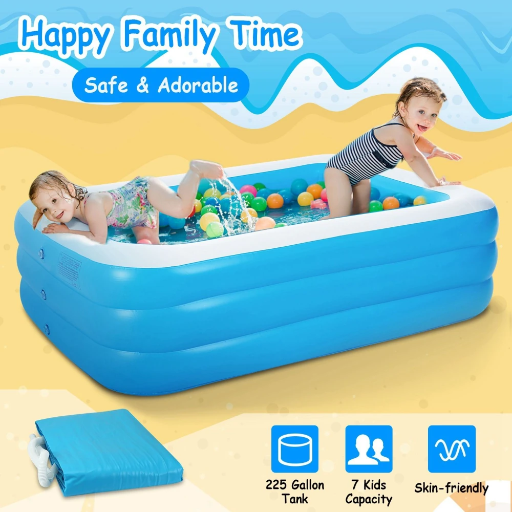 Inflatable kids' pool with colorful balls, perfect for family fun, featuring a 225-gallon capacity and safe, skin-friendly material for up to 7 children.