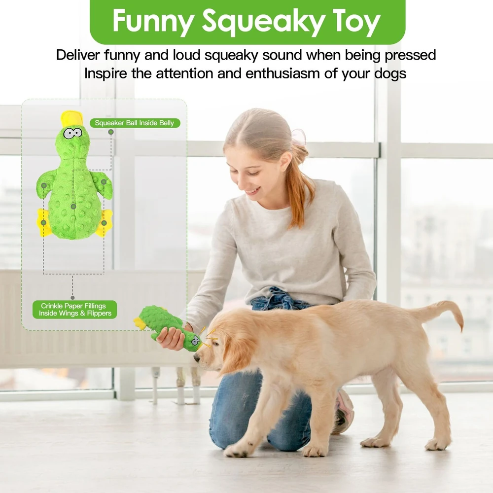 Cute green squeaky toy shaped like a cartoon character, designed to engage dogs with crinkle and squeaker sounds, held by a person interacting with a playful golden retriever puppy in a modern home setting.