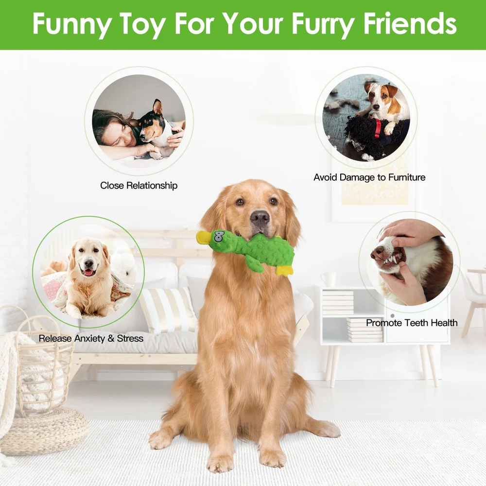 Golden retriever wearing a green funny toy designed for dogs, featuring benefits such as promoting close relationships, reducing anxiety and stress, avoiding furniture damage, and enhancing dental health.