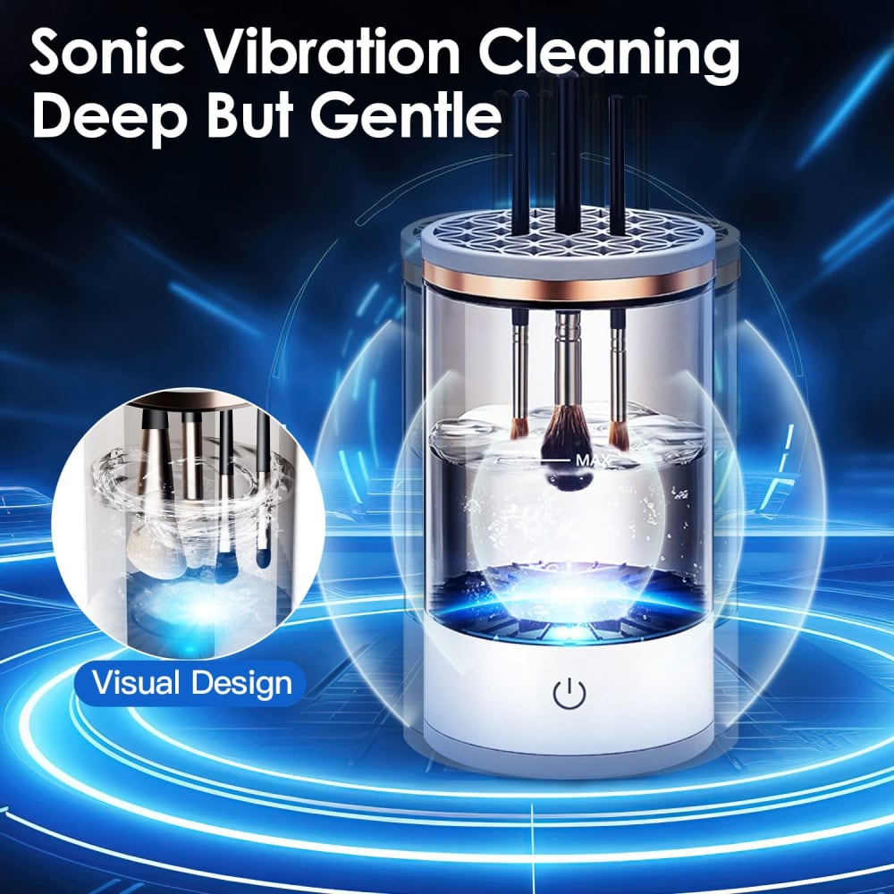 Sonic vibration brush cleaner with gentle yet deep cleaning action, featuring a transparent water chamber and brushes submerged in cleaning solution, highlighted by blue light effects.